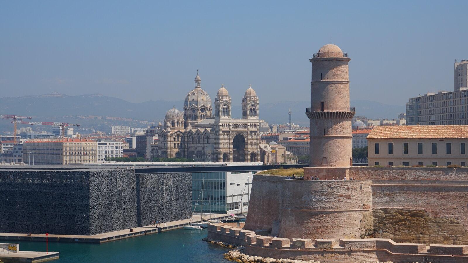 Mucem, Fort Saint-Jean and Marseille Cathedral grouped around the harbour entrance