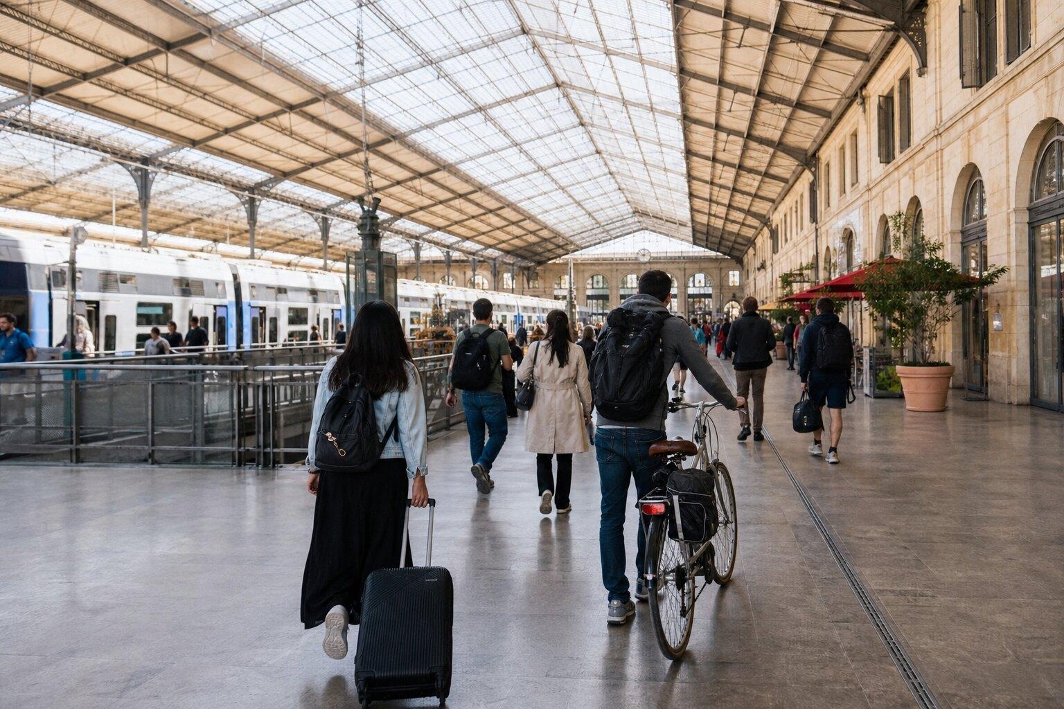 Travelers arriving beneath the glass roof of Montpellier Saint-Roch