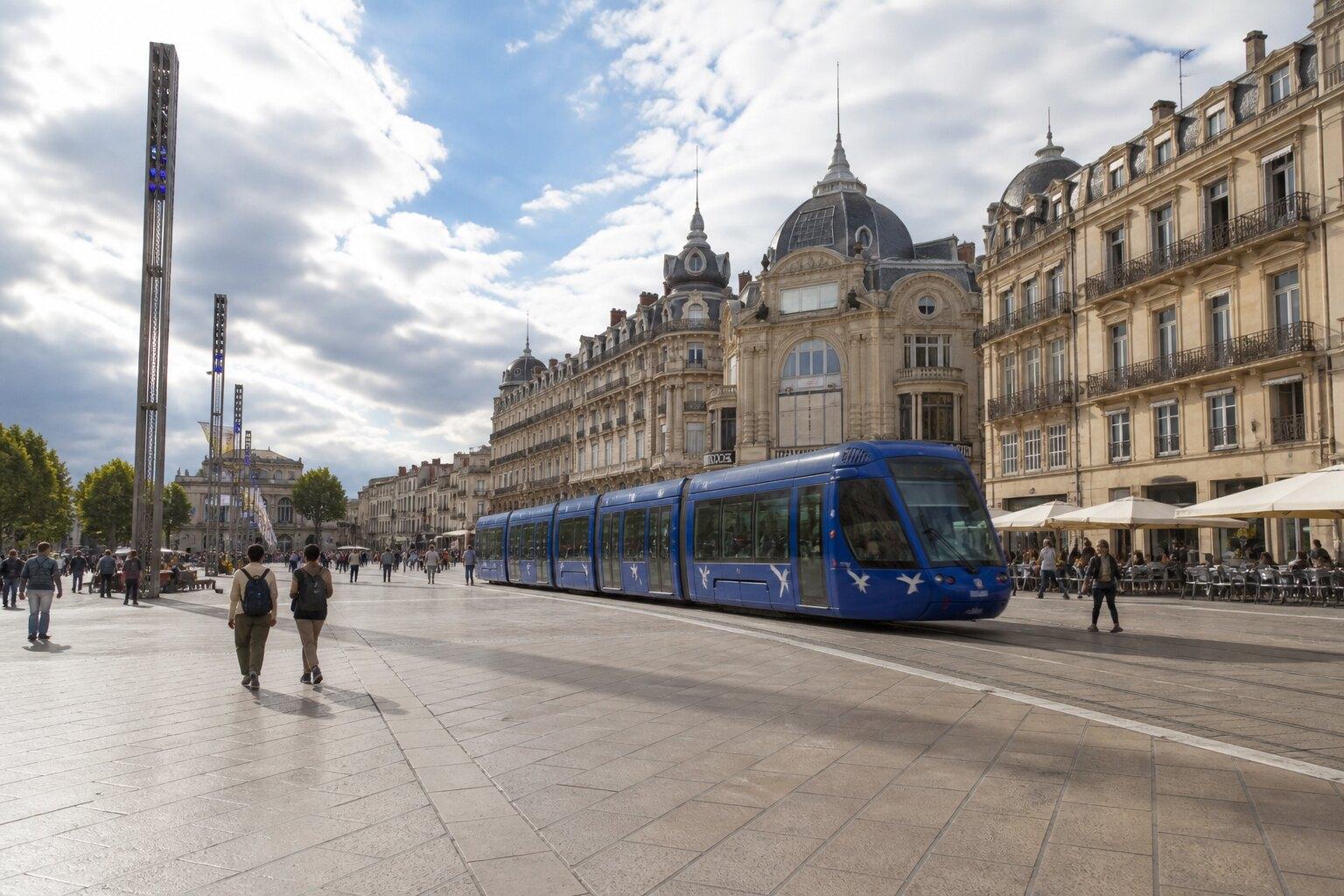 Tram crossing Place de la Comédie in Montpellier