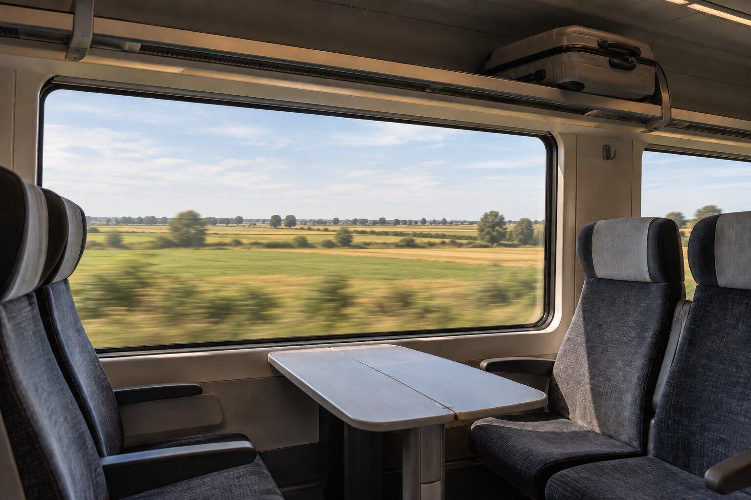 Illustration of stored luggage and seats beside an intercity train window