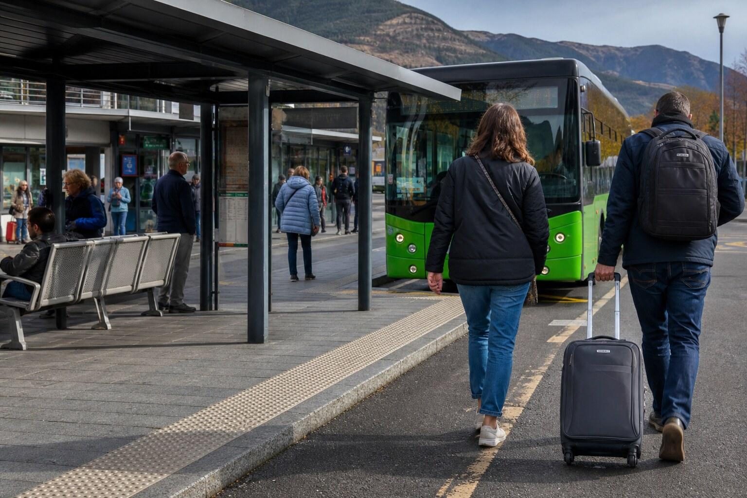 Travelers boarding a mountain bus near La Seu d’Urgell