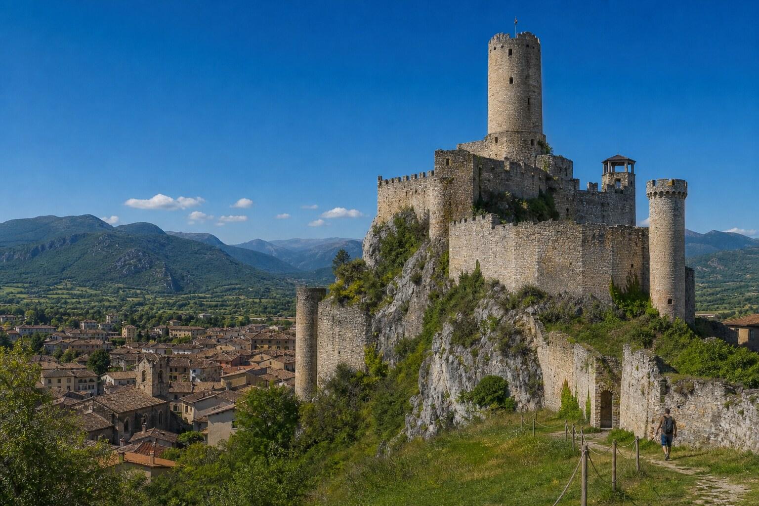 Foix Castle rising above the town's tiled roofs