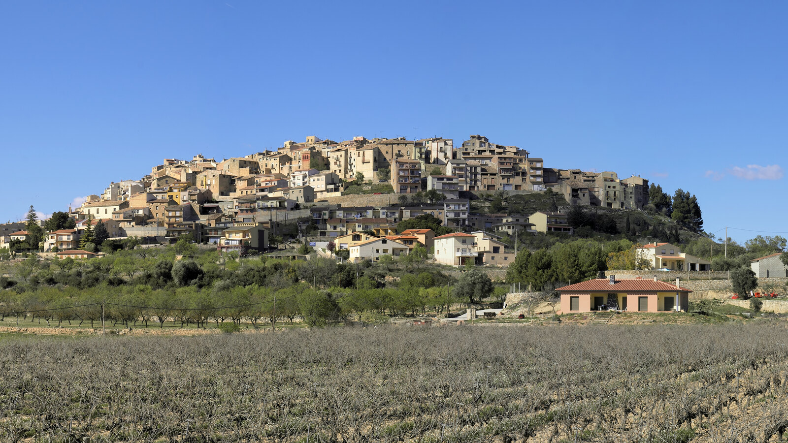 Horta de Sant Joan rising above orchards and fields under a clear blue sky